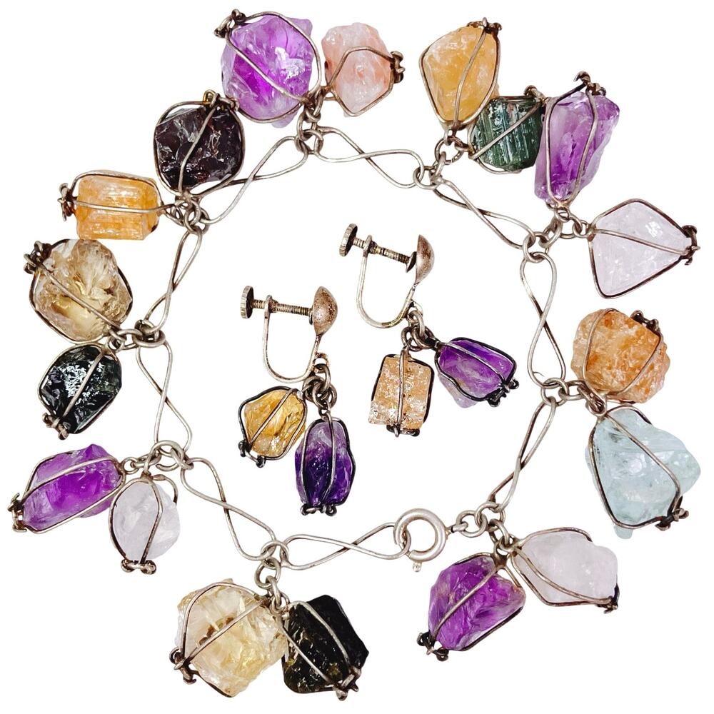 VTG Mid Century Silver Raw Gemstone Bracelet Earrings Set Screw Back 1940s-50s
